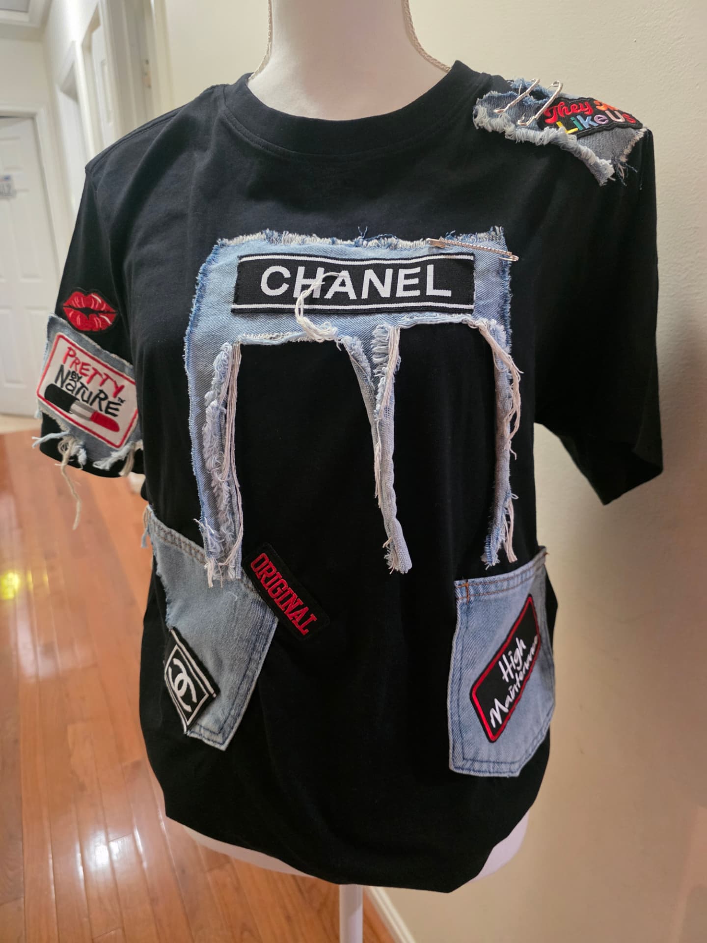 Denim Patchwork Black Tee