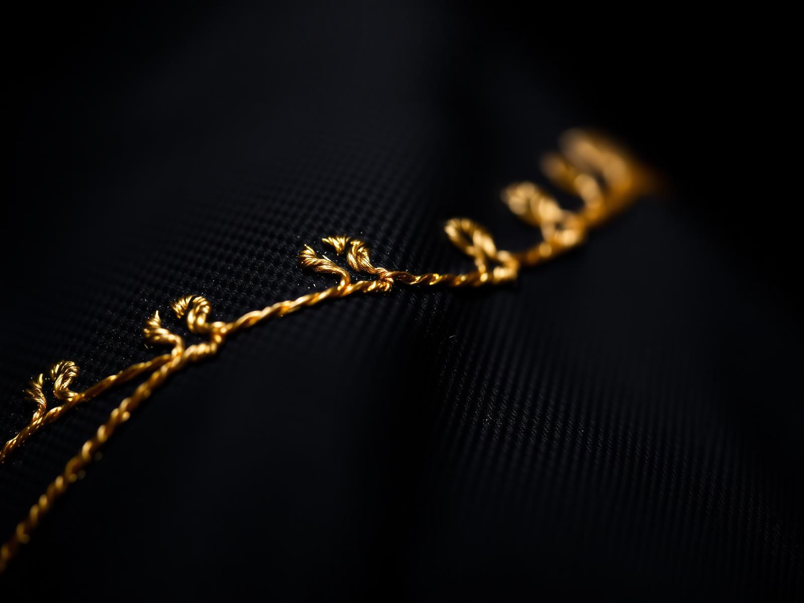 Gold thread hand-stitched into black heavyweight cotton